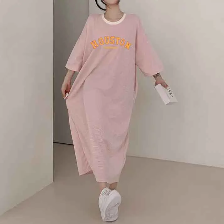 MOMENTLOVER Manufacturer casual printing lazy skirt medium and long straight skirt pure cotton T-shirt dress women's popular summer new