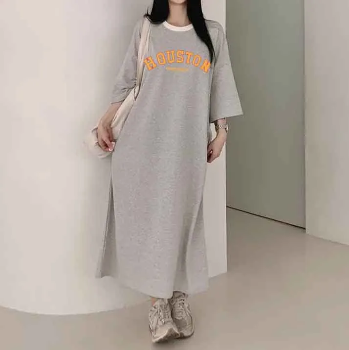 MOMENTLOVER Manufacturer casual printing lazy skirt medium and long straight skirt pure cotton T-shirt dress women's popular summer new