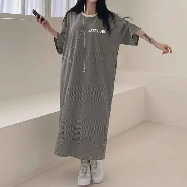 MOMENTLOVER Manufacturer pure cotton fashion short-sleeved t-shirt skirt women's Korean version striped short-sleeved t-shirt dress women's summer tide new Korean version