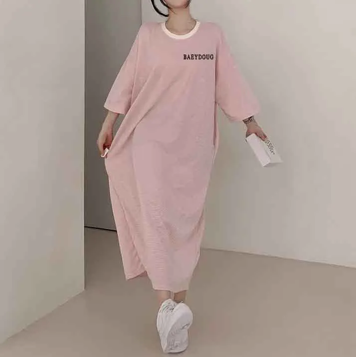 MOMENTLOVER Manufacturer pure cotton fashion short-sleeved t-shirt skirt women's Korean version striped short-sleeved t-shirt dress women's summer tide new Korean version