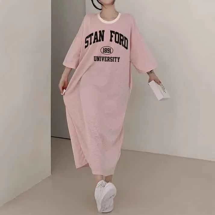 MOMENTLOVER Manufacturer pure cotton Japanese short-sleeved dress women's summer popular new design loose printing medium and long t