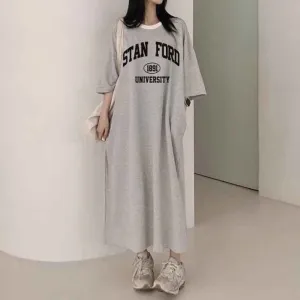 MOMENTLOVER Manufacturer pure cotton Japanese short-sleeved dress women's summer popular new design loose printing medium and long t