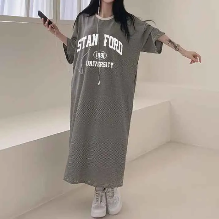 MOMENTLOVER Manufacturer pure cotton Japanese short-sleeved dress women's summer popular new design loose printing medium and long t