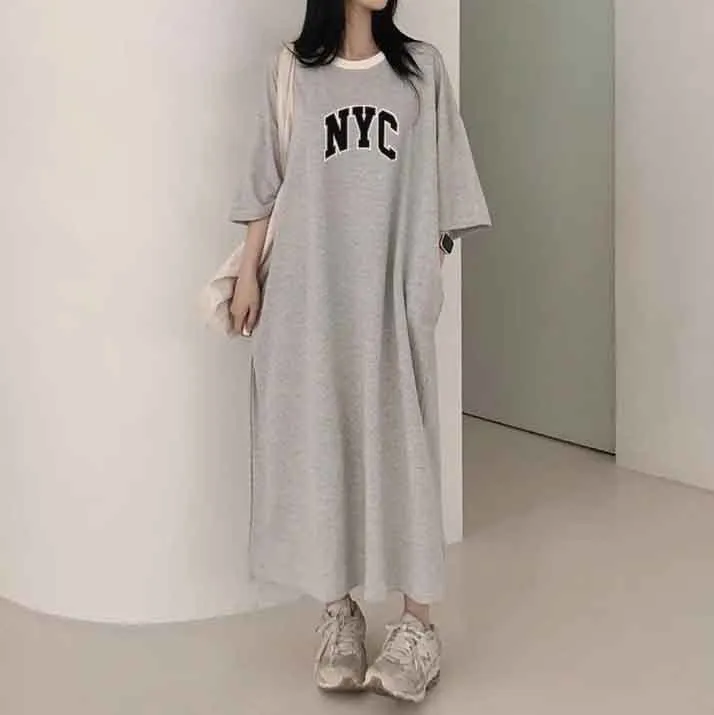 MOMENTLOVER Manufacturer pure cotton Korea loose and thin letters short-sleeved long T-shirt skirt women's popular new popular leisure even