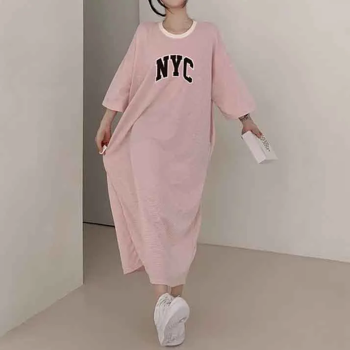 MOMENTLOVER Manufacturer pure cotton Korea loose and thin letters short-sleeved long T-shirt skirt women's popular new popular leisure even