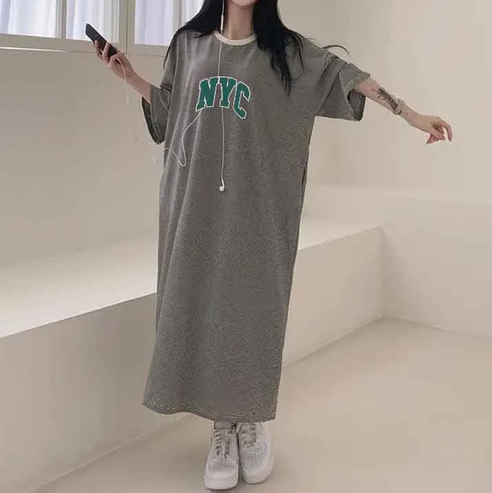MOMENTLOVER Manufacturer pure cotton Korea loose and thin letters short-sleeved long T-shirt skirt women's popular new popular leisure even
