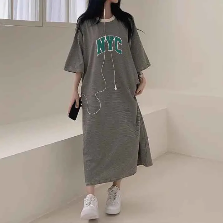 MOMENTLOVER Manufacturer pure cotton Korea loose and thin letters short-sleeved long T-shirt skirt women's popular new popular leisure even