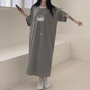 MOMENTLOVER Manufacturer pure cotton Korean summer new 2025n retro loose letter printing thin T-shirt dress casual