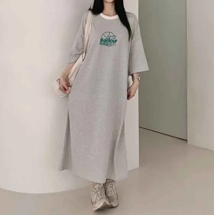 MOMENTLOVER Manufacturer pure cotton Korean summer new 2025n retro loose letter printing thin T-shirt dress casual