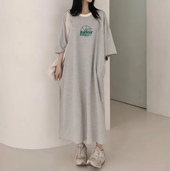 MOMENTLOVER Manufacturer pure cotton Korean summer new 2025n retro loose letter printing thin T-shirt dress casual