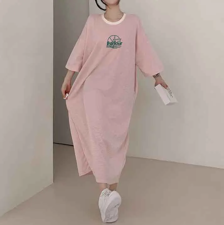 MOMENTLOVER Manufacturer pure cotton Korean summer new 2025n retro loose letter printing thin T-shirt dress casual