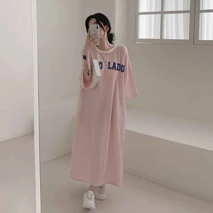 MOMENTLOVER Manufacturer pure cotton short-sleeved t-shirt skirt medium and long women's summer Korean version loose and thin knee-length skirt casual pure cotton even