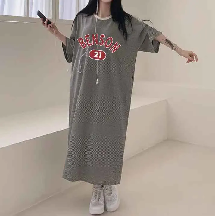 MOMENTLOVER Manufacturer pure cotton short-sleeved t-shirt skirt medium and long women's summer Korean version loose and thin knee-length skirt casual pure cotton even