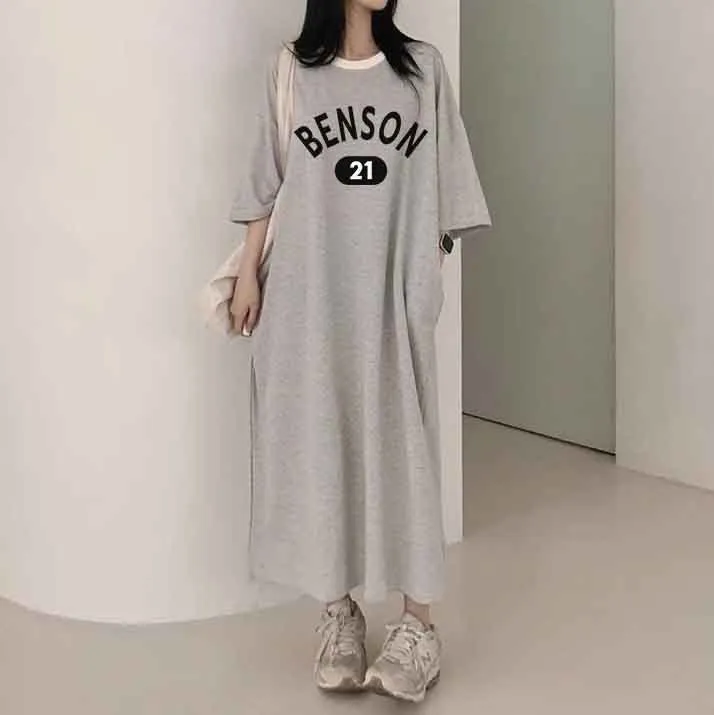 MOMENTLOVER Manufacturer pure cotton short-sleeved t-shirt skirt medium and long women's summer Korean version loose and thin knee-length skirt casual pure cotton even