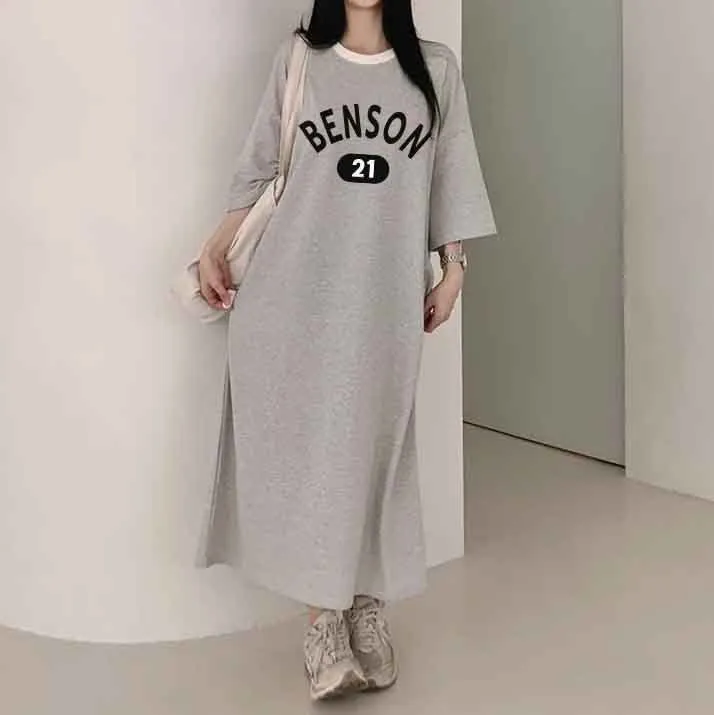 MOMENTLOVER Manufacturer pure cotton short-sleeved t-shirt skirt medium and long women's summer Korean version loose and thin knee-length skirt casual pure cotton even