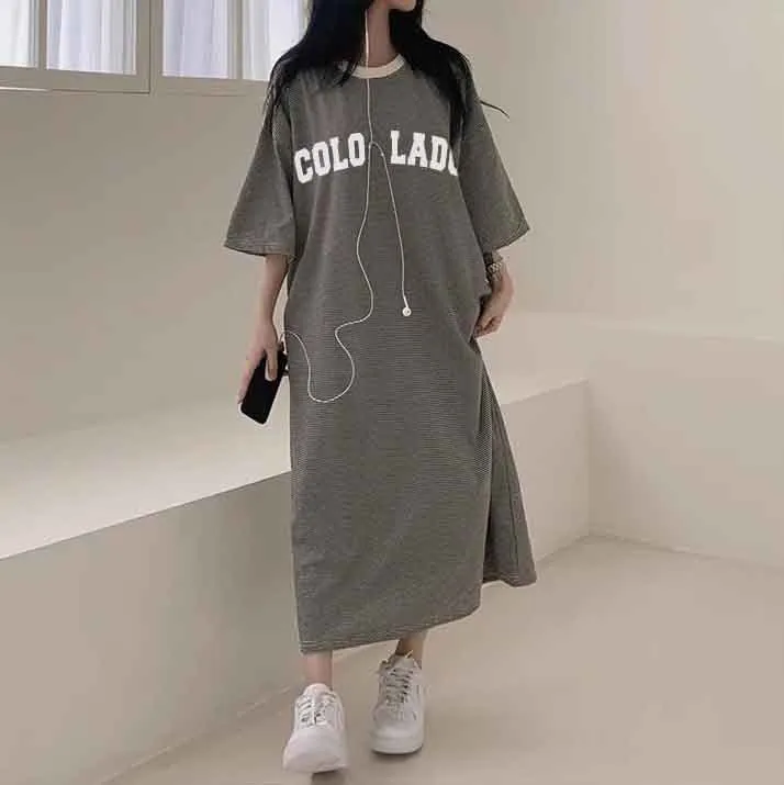 MOMENTLOVER Manufacturer pure cotton short-sleeved t-shirt skirt medium and long women's summer Korean version loose and thin knee-length skirt casual pure cotton even