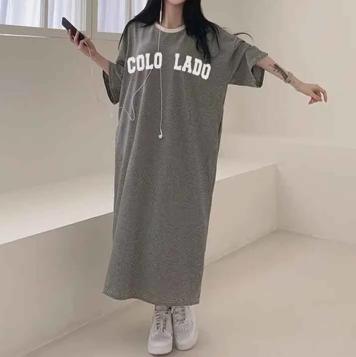 MOMENTLOVER Manufacturer pure cotton short-sleeved t-shirt skirt medium and long women's summer Korean version loose and thin knee-length skirt casual pure cotton even