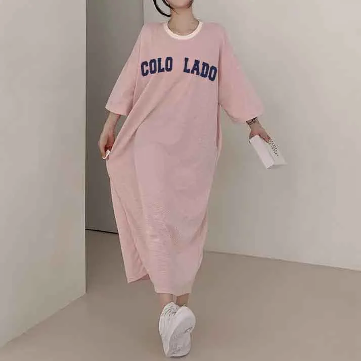 MOMENTLOVER Manufacturer pure cotton short-sleeved t-shirt skirt medium and long women's summer Korean version loose and thin knee-length skirt casual pure cotton even