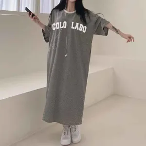 MOMENTLOVER Manufacturer pure cotton short-sleeved t-shirt skirt medium and long women's summer Korean version loose and thin knee-length skirt casual pure cotton even
