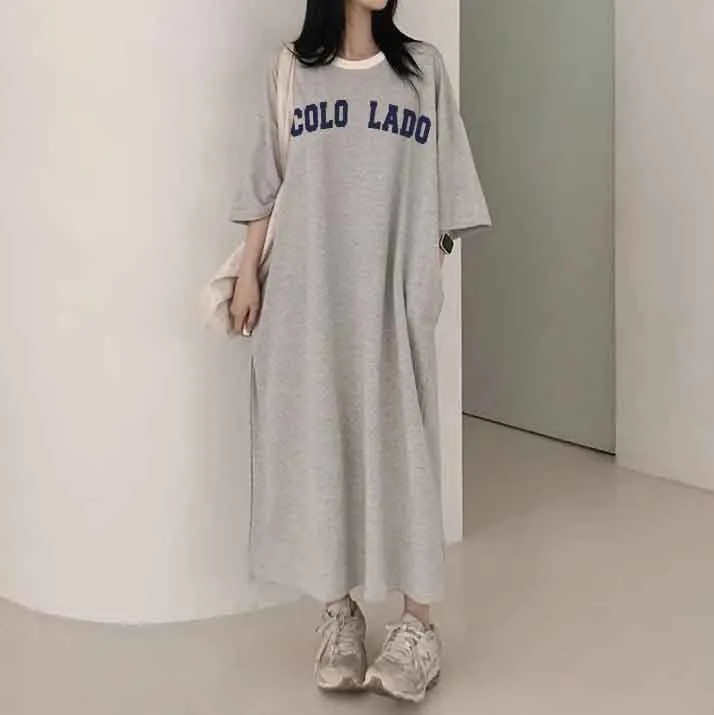 MOMENTLOVER Manufacturer pure cotton short-sleeved t-shirt skirt medium and long women's summer Korean version loose and thin knee-length skirt casual pure cotton even