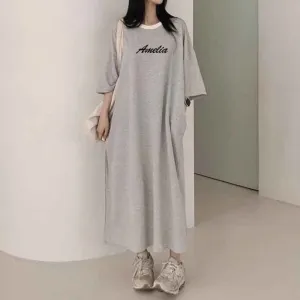 MOMENTLOVER Manufacturer pure cotton short-sleeved T-shirt skirt women's summer popular new Korean version Popular style printing loose casual medium and long even