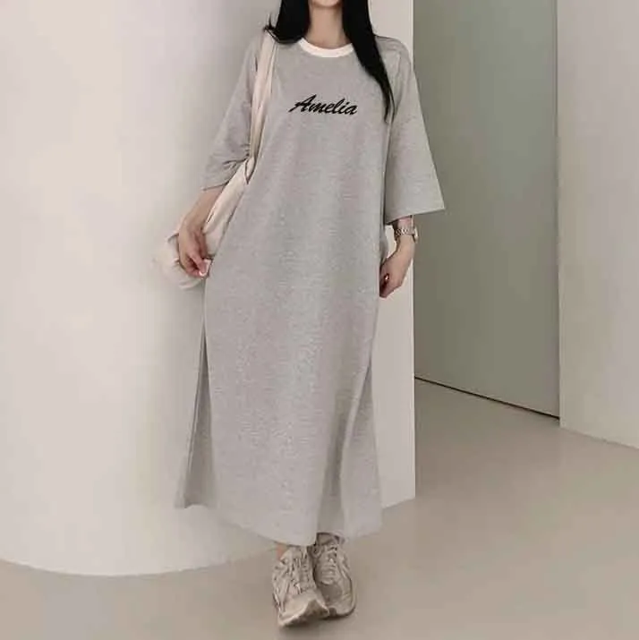 MOMENTLOVER Manufacturer pure cotton short-sleeved T-shirt skirt women's summer popular new Korean version Popular style printing loose casual medium and long even