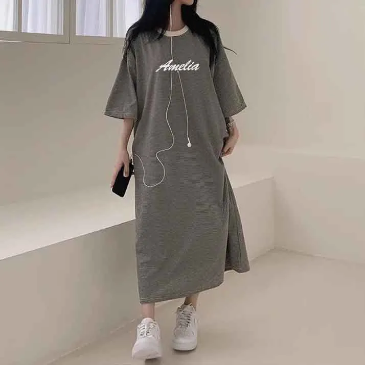 MOMENTLOVER Manufacturer pure cotton short-sleeved T-shirt skirt women's summer popular new Korean version Popular style printing loose casual medium and long even