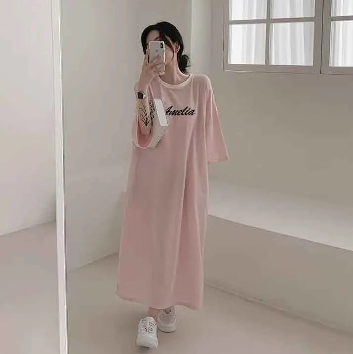 MOMENTLOVER Manufacturer pure cotton short-sleeved T-shirt skirt women's summer popular new Korean version Popular style printing loose casual medium and long even