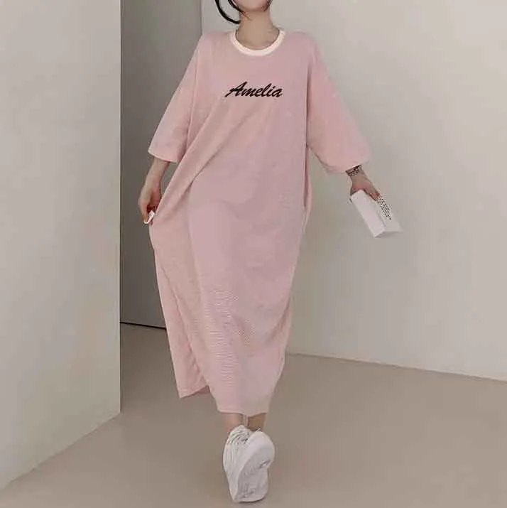 MOMENTLOVER Manufacturer pure cotton short-sleeved T-shirt skirt women's summer popular new Korean version Popular style printing loose casual medium and long even