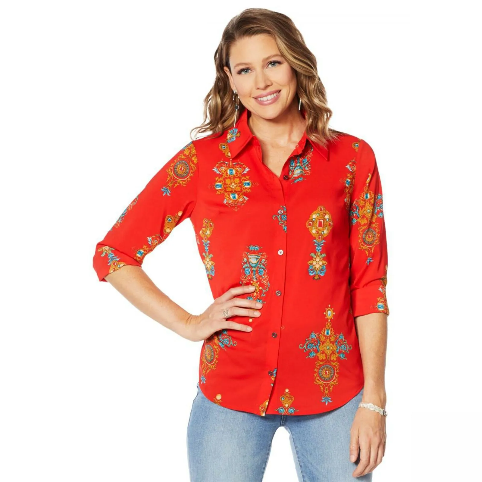 MOTTO Women's Stretch Chiffon Printed Button Front Shirt