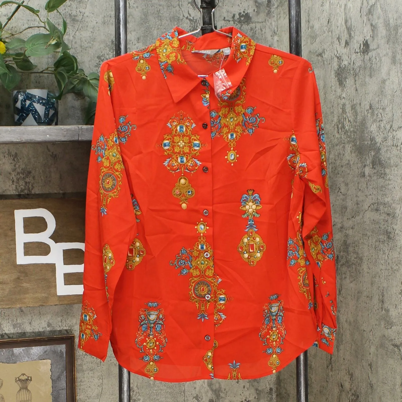 MOTTO Women's Stretch Chiffon Printed Button Front Shirt