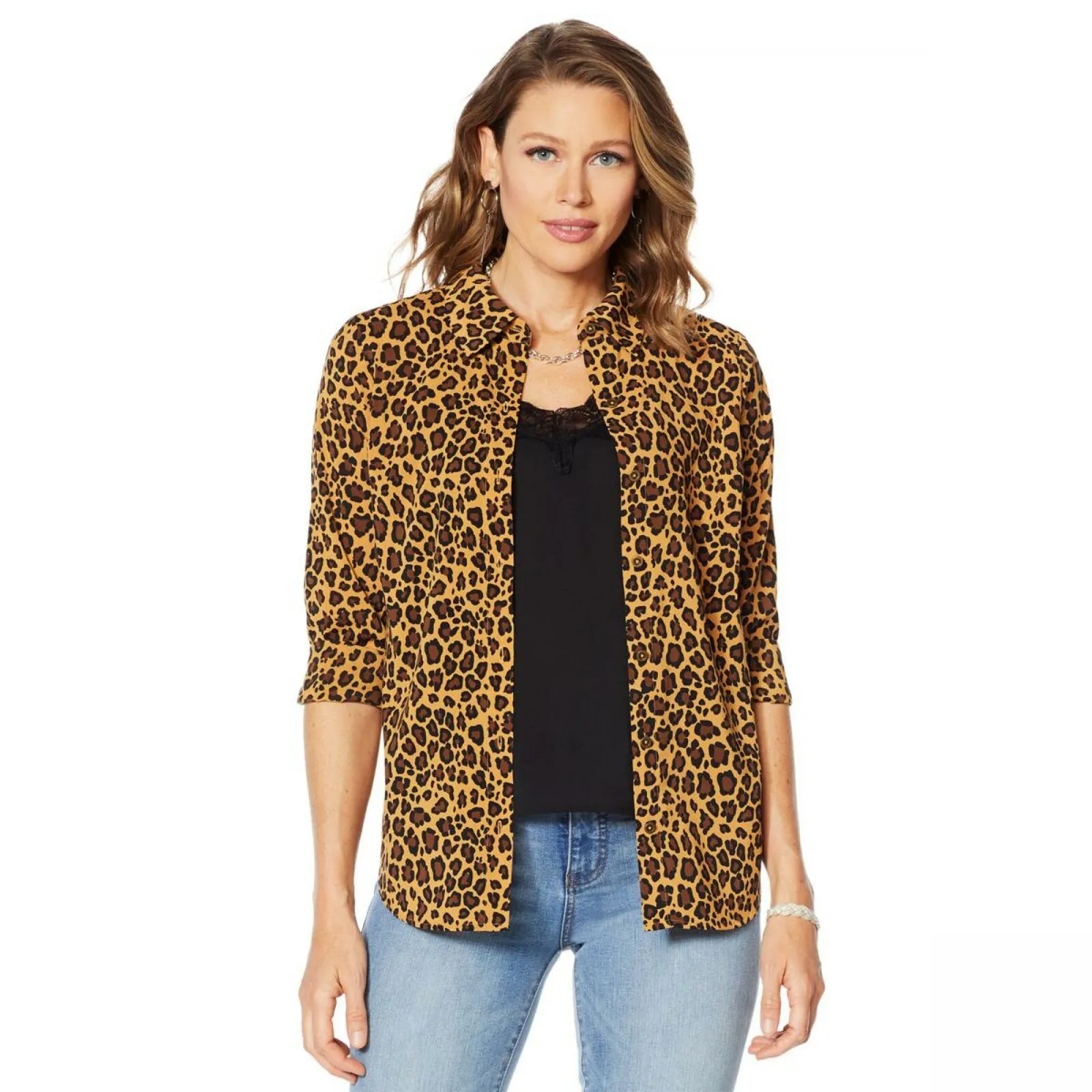MOTTO Women's Stretch Chiffon Printed Button Front Shirt