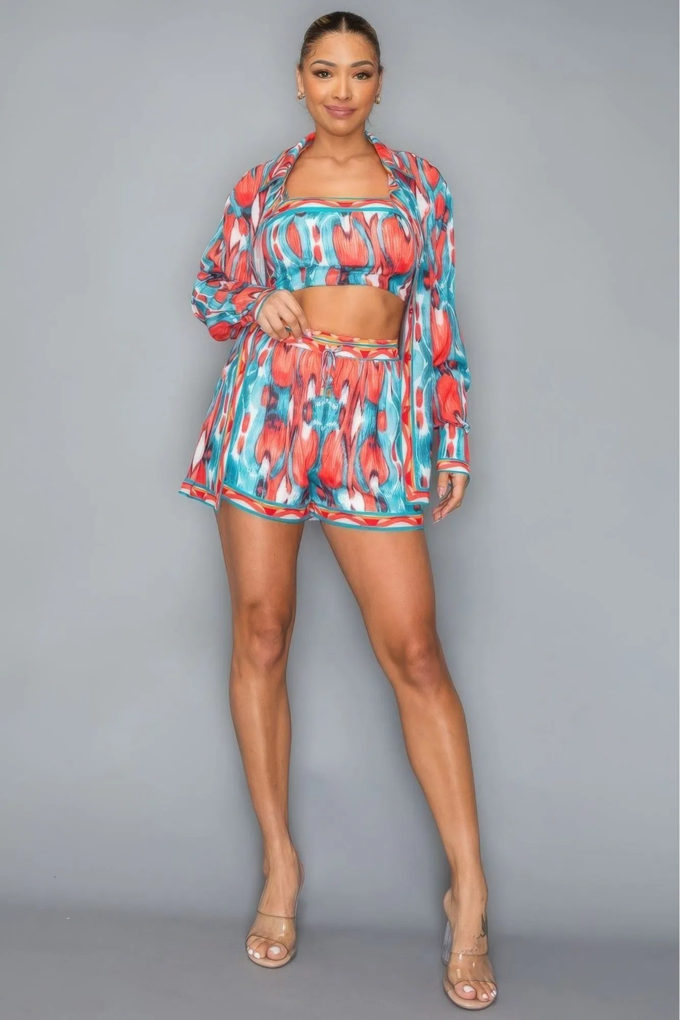 Multi Printed Chiffon Button Down Long Sleeve Shirt/Crop Top/Short 3 Pcs Set