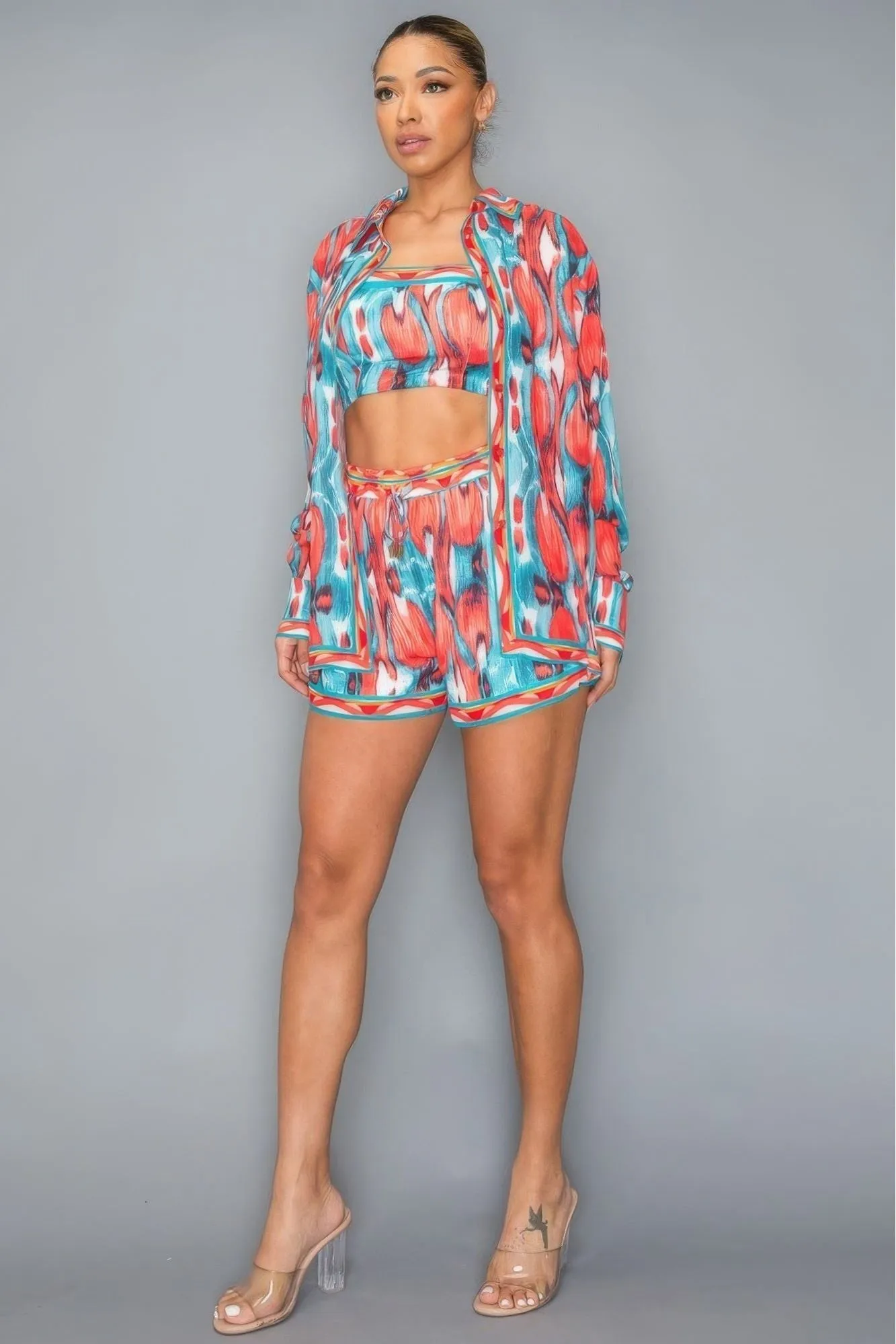 Multi Printed Chiffon Button Down Long Sleeve Shirt/Crop Top/Short 3 Pcs Set