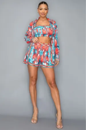 Multi Printed Chiffon Button Down Long Sleeve Shirt/Crop Top/Short 3 Pcs Set
