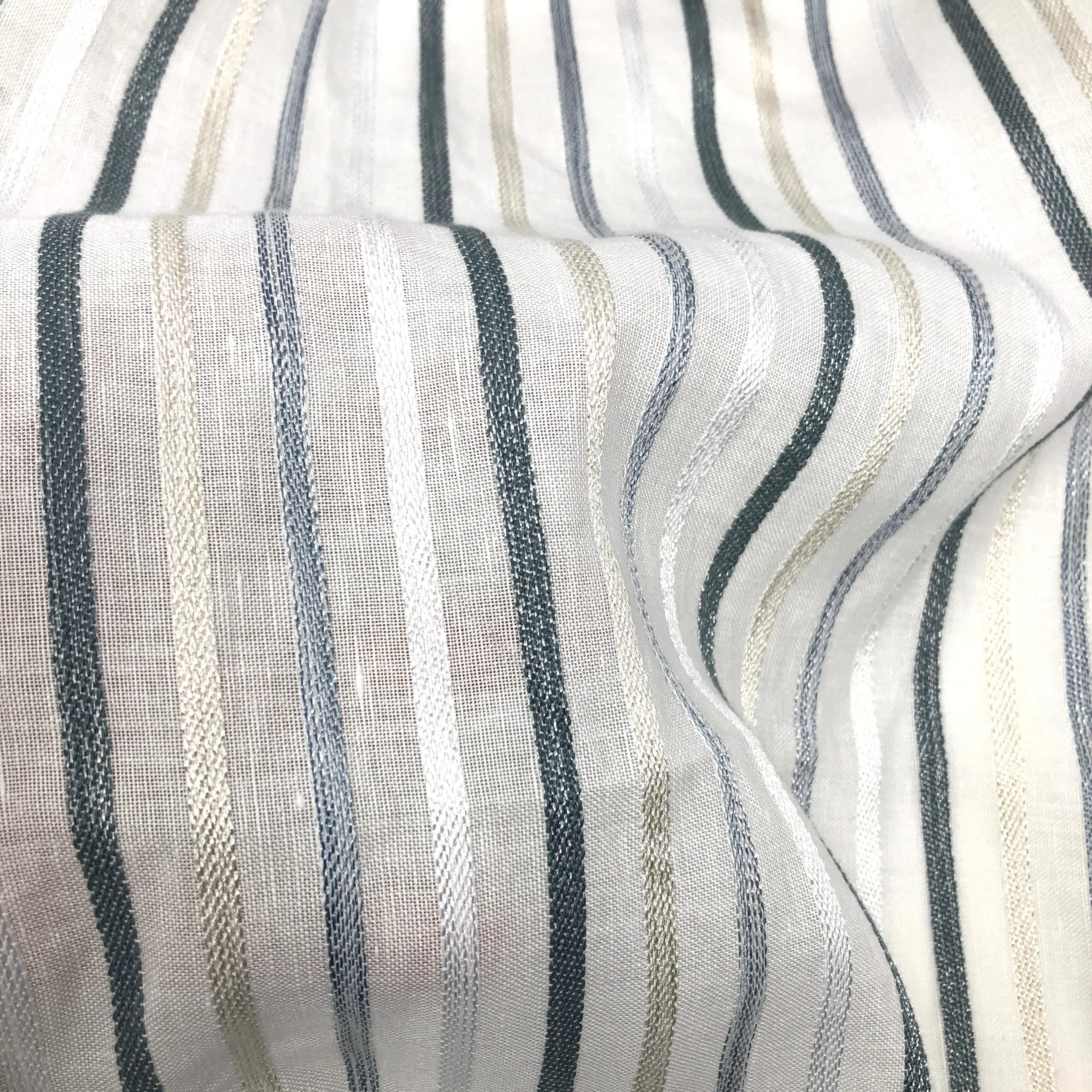 Multi Stripe Linen Blend Embroidered Grey Indigo Stripe Sheer Fabric By The Yard/CL1033