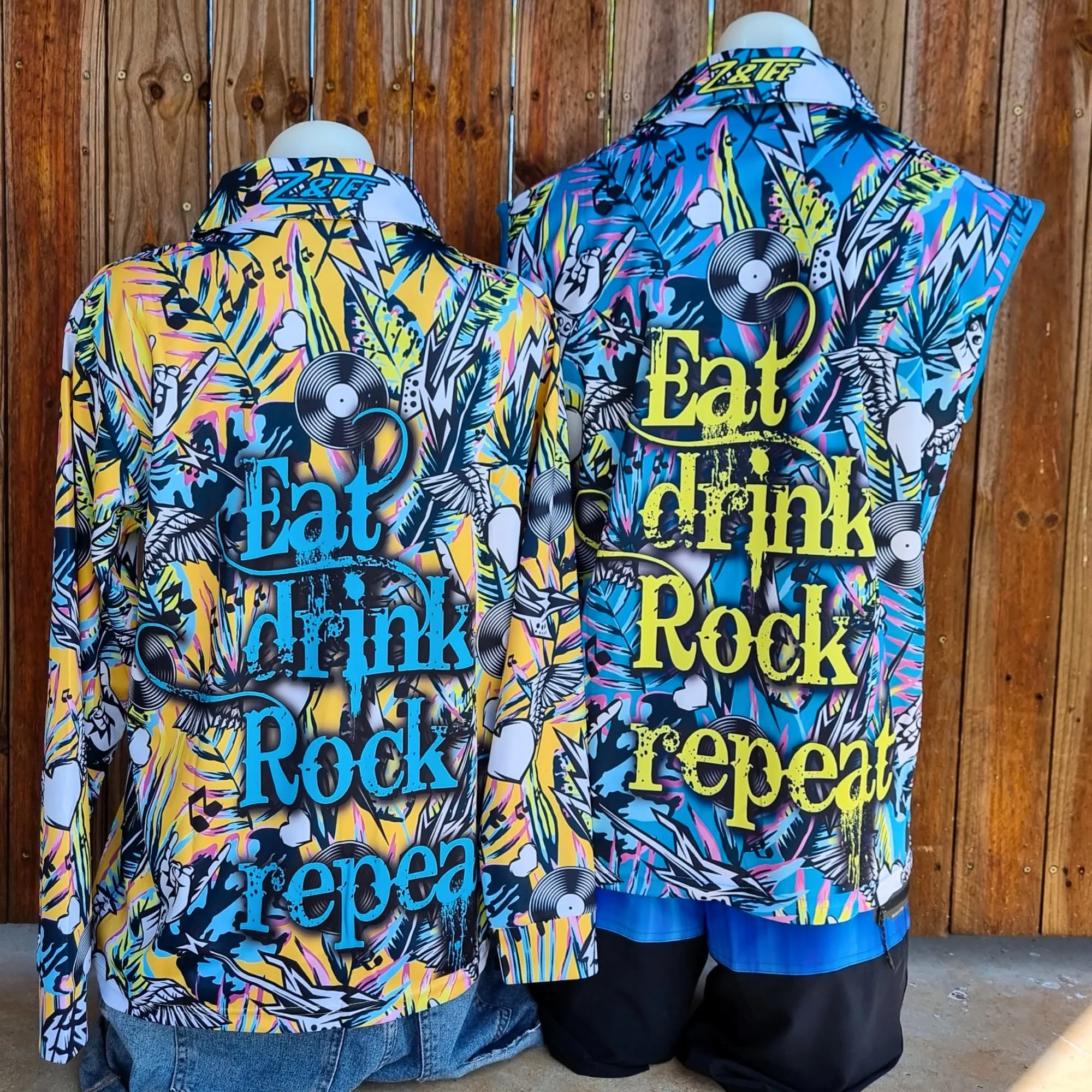 Music | Eat Drink Rock Repeat Blue Sleeveless Fishing Shirt