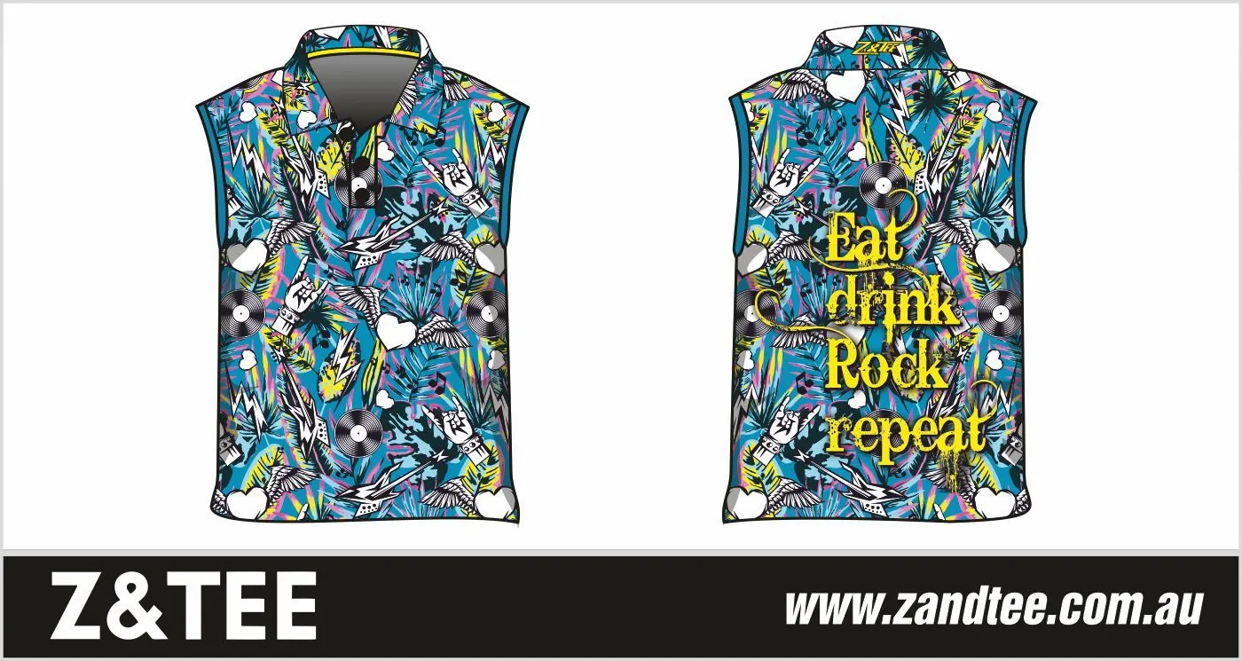 Music | Eat Drink Rock Repeat Blue Sleeveless Fishing Shirt