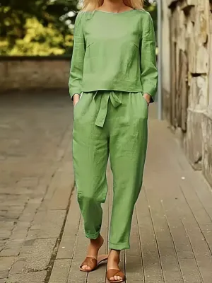 New Casual Solid Two-piece Set, Crew Neck Long Sleeve Top; Tie Front Pants Outfits, Women's Clothing Green, colour is more of an Olive green, Fits M-L