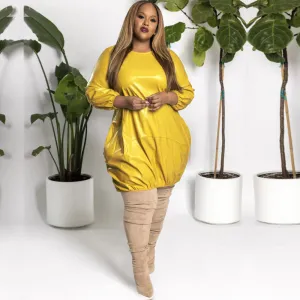 New Plus Size Pu Yellow or Brown Leather Long Sleeve Loose Dress/Extravagant  Yellow Dress/Over Sized Dress/Short Dress  ss