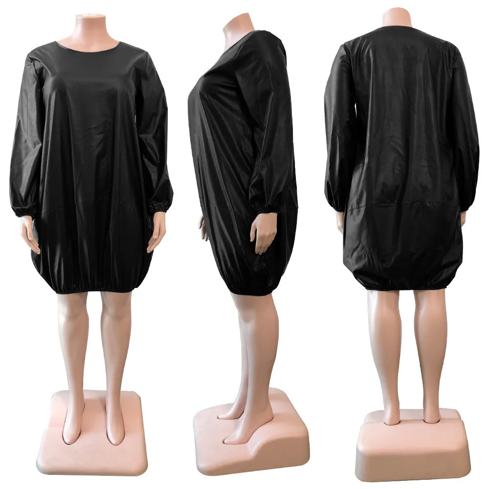 New Plus Size Pu Yellow or Brown Leather Long Sleeve Loose Dress/Extravagant  Yellow Dress/Over Sized Dress/Short Dress  ss