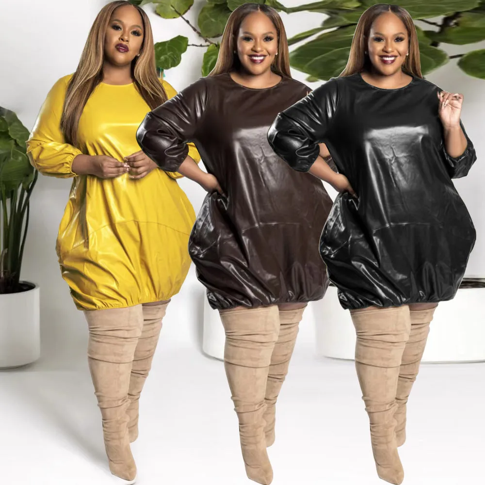 New Plus Size Pu Yellow or Brown Leather Long Sleeve Loose Dress/Extravagant  Yellow Dress/Over Sized Dress/Short Dress  ss
