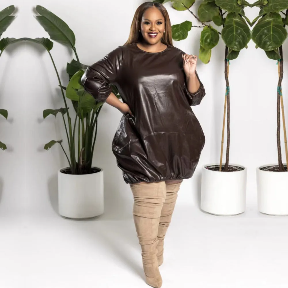 New Plus Size Pu Yellow or Brown Leather Long Sleeve Loose Dress/Extravagant  Yellow Dress/Over Sized Dress/Short Dress  ss