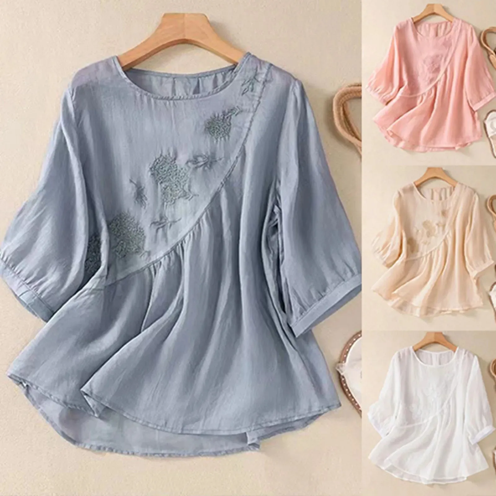 New Summer Casual Women Blouse Solid 3/4 Sleeve Embroidery Shirts Women Vintage Cotton Linen Loose Boho Shirt Ladies Tops Blusas