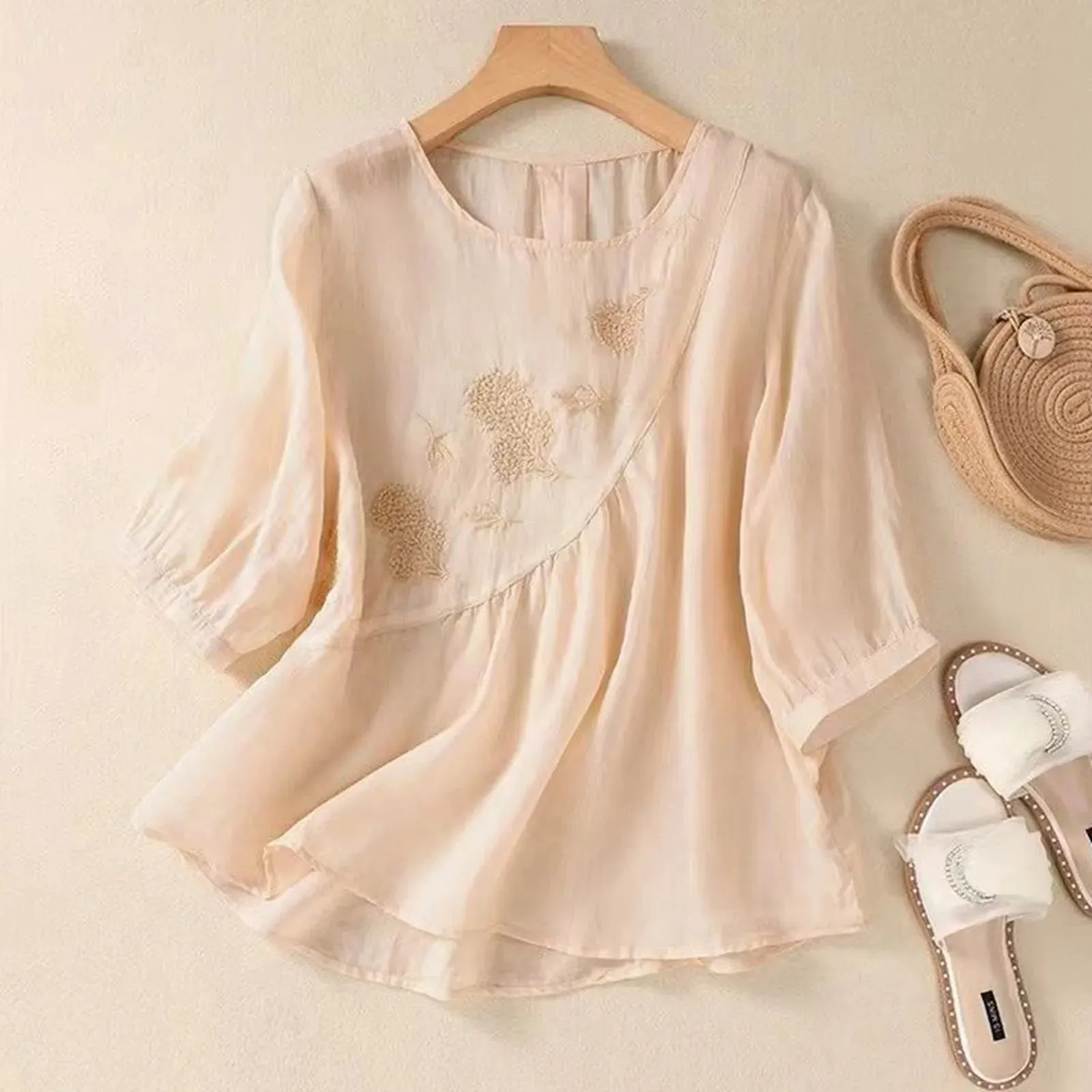 New Summer Casual Women Blouse Solid 3/4 Sleeve Embroidery Shirts Women Vintage Cotton Linen Loose Boho Shirt Ladies Tops Blusas