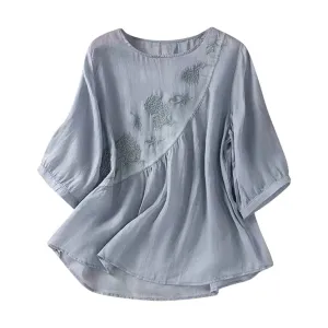 New Summer Casual Women Blouse Solid 3/4 Sleeve Embroidery Shirts Women Vintage Cotton Linen Loose Boho Shirt Ladies Tops Blusas