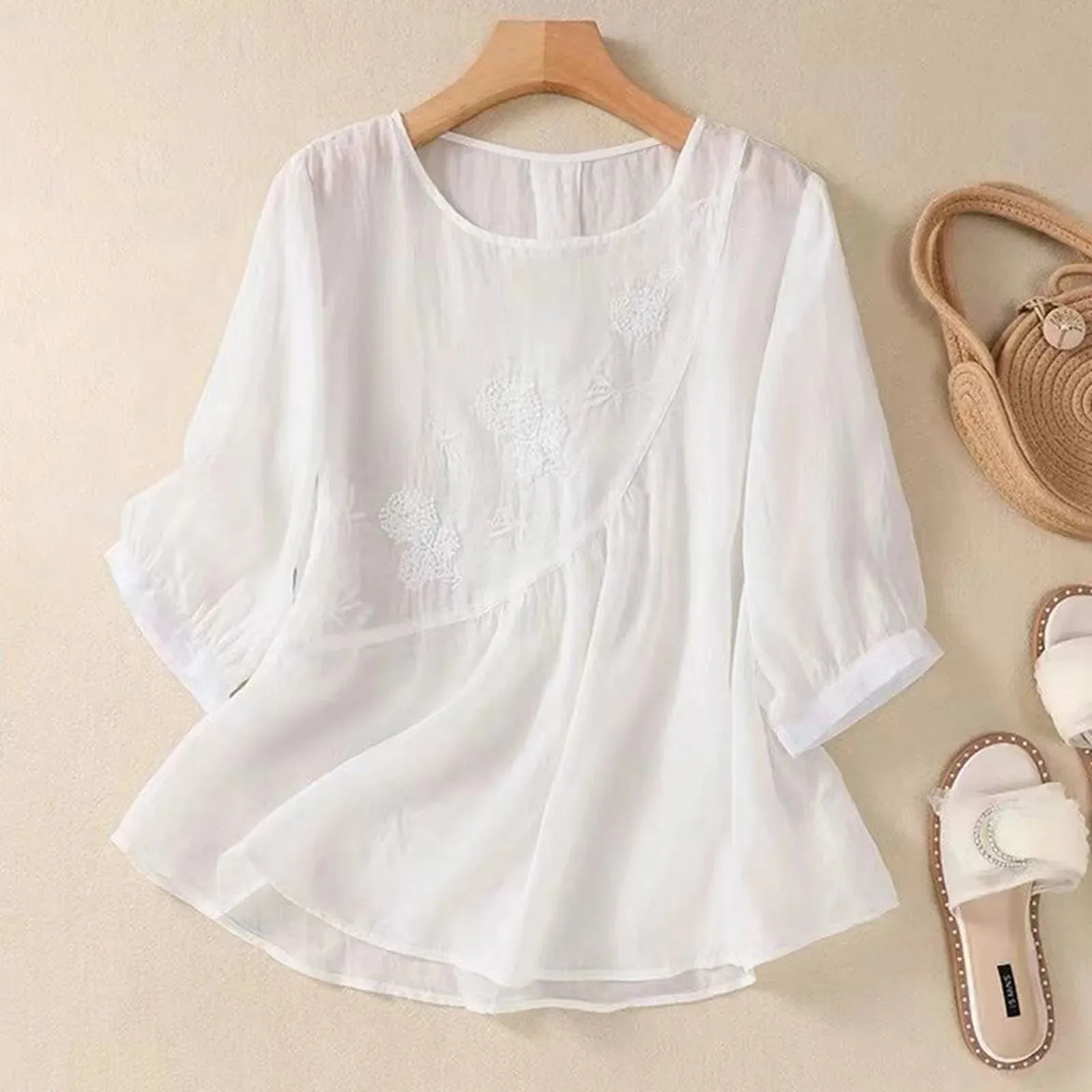 New Summer Casual Women Blouse Solid 3/4 Sleeve Embroidery Shirts Women Vintage Cotton Linen Loose Boho Shirt Ladies Tops Blusas