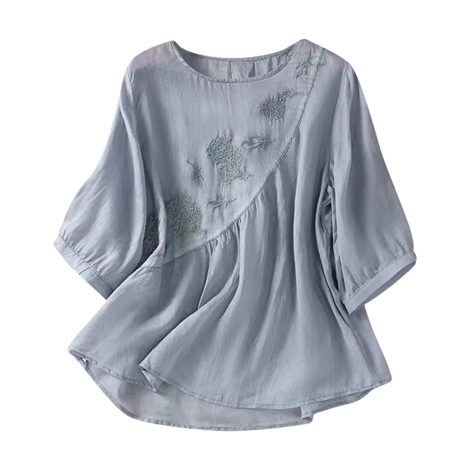 New Summer Casual Women Blouse Solid 3/4 Sleeve Embroidery Shirts Women Vintage Cotton Linen Loose Boho Shirt Ladies Tops Blusas