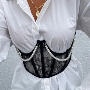 New Vintage Pearls Chain Lace Mesh Girdle Cummerbunds Women's Waist Corsets See Through Push Up Slim Accessories