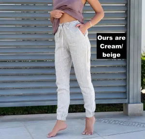 NEW Women's Drawstring Slim Fit Natural Linen Pant with Pockets Lightweight Breathable - Color: Cream/Beige - Size M Fits S-M - Retails $72